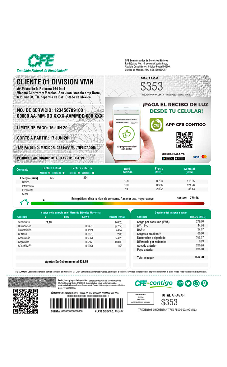 Recibo de luz CFE mostrando el consumo en kWh